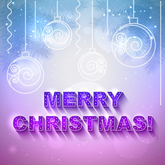 Vector holiday present card with Merry Christmas text on it and with Christmas balls.