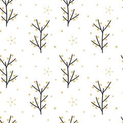 cute black gold white christmas seamless vector pattern background illustration with branches, berries and snow

