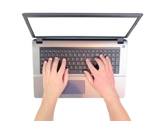 Man hands working on laptop with blank screen, top view shot. on white background