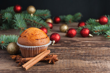 Christmas Cupcake on Wooden Background. Horizontal.