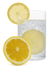 Fresh cold water drink with Lemon on white background
