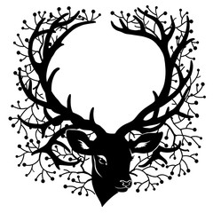 Silhouette of deer head with branches of berries around large fantasy horns isolated on white background. Art vector illustration. Can be used as decorative frame.
