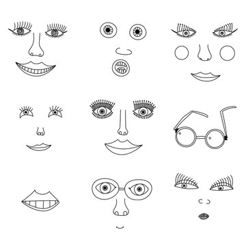 Child drawing face, Seven images of the face and its elements in the children's style points, on a white background