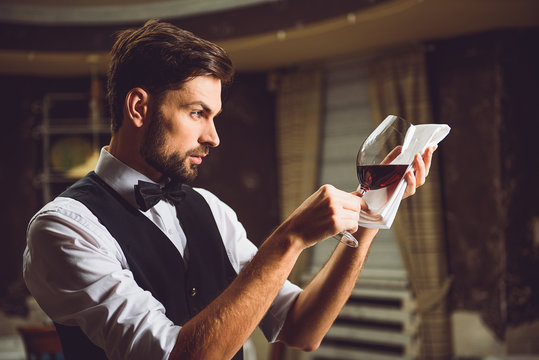 Professional sight at glass of crimson wine