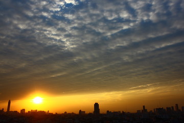 Sunset over the skyline of Bangkok, Thailand.
