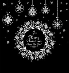 Vintage xmas black and white card with christmas wreath and hanging baubles