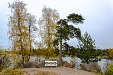 Obraz premium Autumn landscape on the lake with a bench