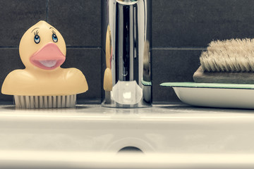 A bathroom with a sing a rubber duck and a handbrush