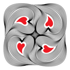 Black and white moire lines with red hearts. Striped psychedelic background. Op art style contrast pattern for Valentine Day. 