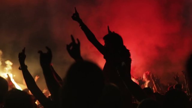 silhouettes of concert crowd with fires