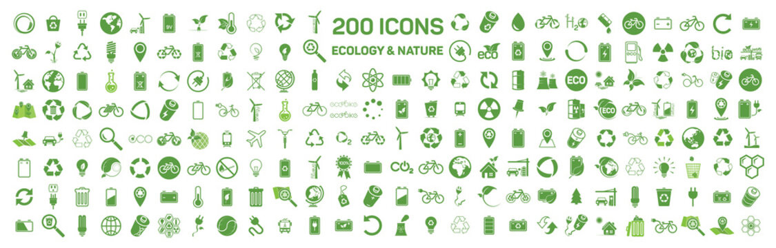 200 ecology & nature green icons set on white background. Vector