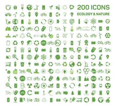 200 ecology & nature green icons set on white background. Vector