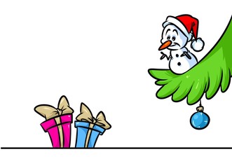 Christmas snowman little character gifts tree branch cartoon illustration isolated image