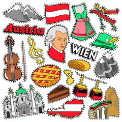 Austria Travel Scrapbook Stickers, Patches, Badges for Prints with Alps, Cake and Austrian Elements. Comic Style Vector Doodle - obrazy, fototapety, plakaty
