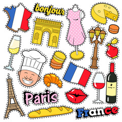 France Travel Scrapbook Stickers, Patches, Badges for Prints with Kiss, Champagne and French Elements. Comic Style Vector Doodle