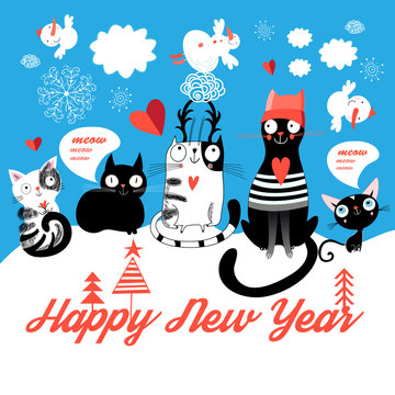 Christmas Card With Cheerful Cats