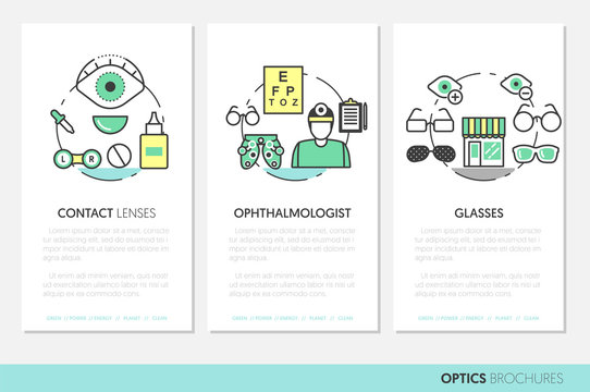 Optician Thin Line Vector Brochures and Business Cards Set with Optometry Technology and Eyeglasses