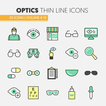 Optician Thin Line Vector Icons Set with Optometry Technology and Eyeglasses