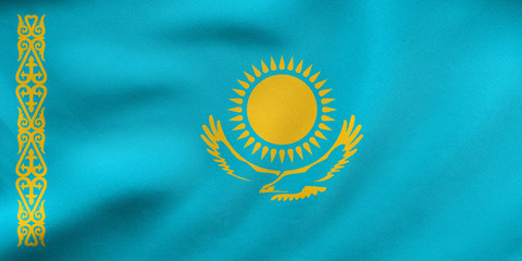 Flag of Kazakhstan waving, real fabric texture