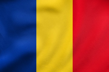 Flag of Romania waving, real fabric texture