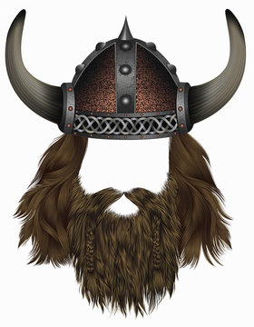 viking in  horned helmet . mask wig. man   hair with beard .