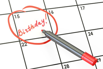 Birthday date on calendar concept, 3D rendering