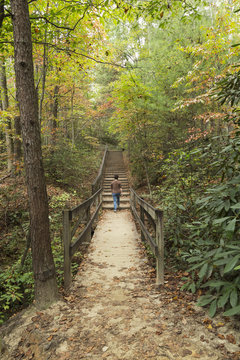 A woman hiking over a wood bridge