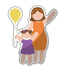 sticker of cartoon woman and little girl holding a balloon over white background. colorful design. vector illustration