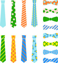 Ties and bow ties set in cartoon flat style.