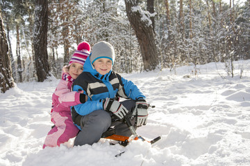 Fototapeta na wymiar Winter in the woods a little boy and girl sitting on a sled.