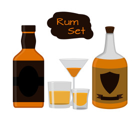 Flat rum set. Alcohol drink, glasses, shots, bottles of rum.