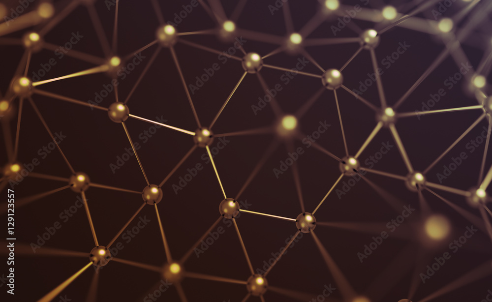 Poster abstract 3d rendering of chaotic structure. plexus background with lines and spheres in empty space.