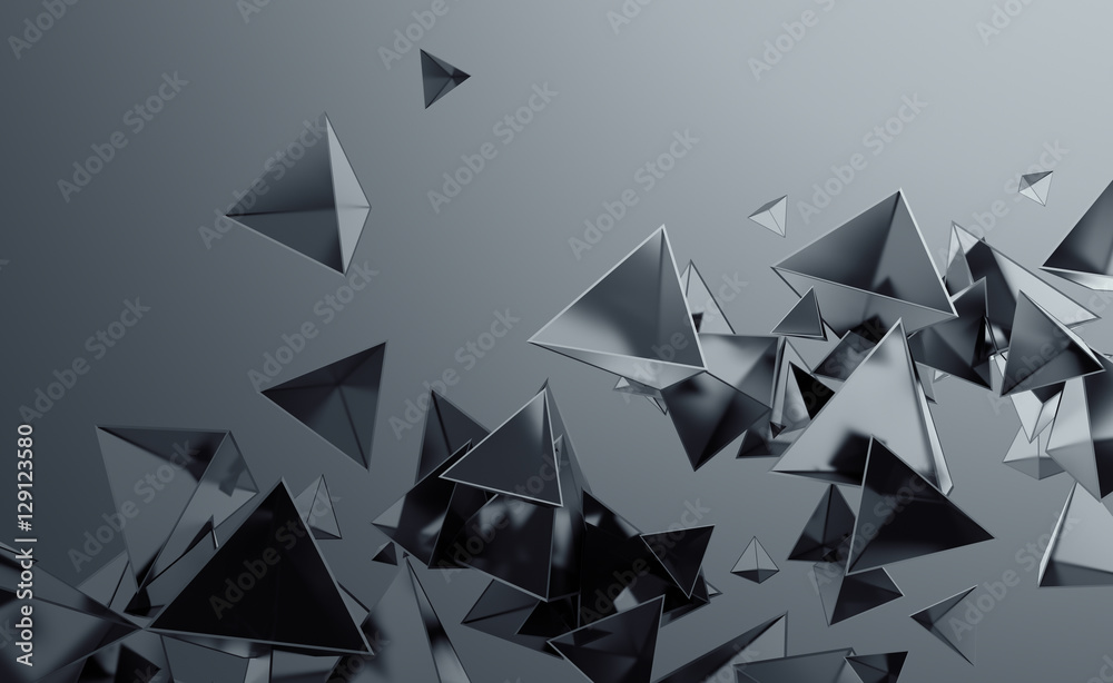 Poster abstract 3d rendering of chaotic low poly shapes. flying polygonal pyramids in empty space. futurist