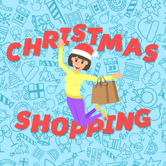 Vector girl in jump with bags and in hat santa, on christmas background. Young women christmas shopping store.
