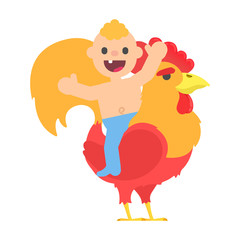 Cartoon happy baby boy sitting on christmas cock. Vector kid in flat style illustration isolated on white background.