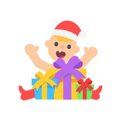 Cartoon happy baby boy in christmas santa hat, sitting on the floor with christmas gifts. Vector kid in flat style illustration isolated on white background.