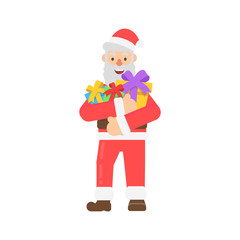 Funny christmas character santa with  Christmas gifts in flat style. Vector christmas cheerful Santa claus for web.