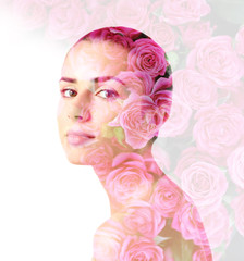 Double exposure of attractive young woman and floral background. Natural beauty concept.