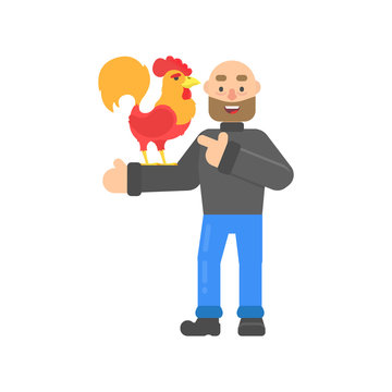 Funny christmas character with beard, with cock in hand in flat style. Vector christmas hipster man for web.