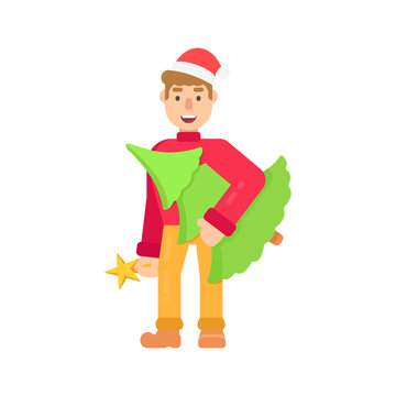 Funny christmas character in santa hat, bought a Christmas tree in flat style. Vector christmas cheerful man for web.