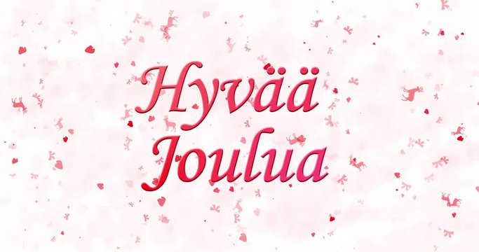 Merry Christmas text in Finnish "Hyvaa joulua" formed from dust and turns to dust horizontally on white animated background
