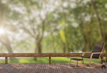 Wood terrace in the garden at moning time 3D rendering image, There is a wooden floor, wood Chair,garden background with blur