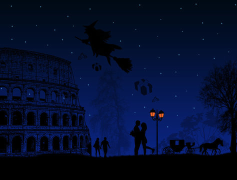 People at night in Rome with witch Befana sitting on a broomstick