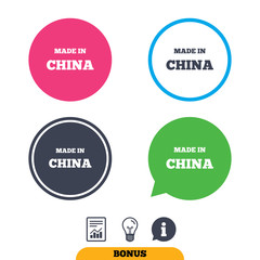 Made in China icon. Export production symbol. Product created in China sign. Report document, information sign and light bulb icons. Vector