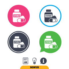 Medical pills bottle sign icon. Pharmacy medicine drugs symbol. Report document, information sign and light bulb icons. Vector