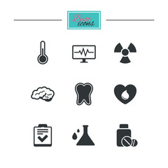 Medicine, medical health and diagnosis icons. Blood donate, thermometer and pills signs. Tooth, neurology symbols. Black flat icons. Classic design. Vector
