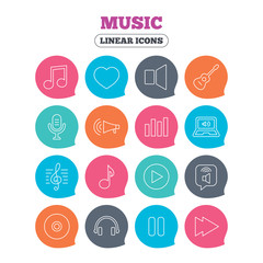 Music icons. Musical note, acoustic guitar and microphone. Notebook, dynamic and headphones symbols. Flat speech bubbles with linear icons. Vector