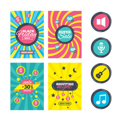 Naklejka premium Sale website banner templates. Musical elements icons. Microphone and Sound speaker symbols. Music note and acoustic guitar signs. Ads promotional material. Vector