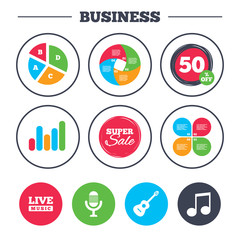 Business pie chart. Growth graph. Musical elements icons. Microphone and Live music symbols. Music note and acoustic guitar signs. Super sale and discount buttons. Vector