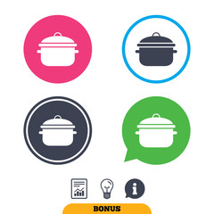 Cooking pan sign icon. Boil or stew food symbol. Report document, information sign and light bulb icons. Vector
